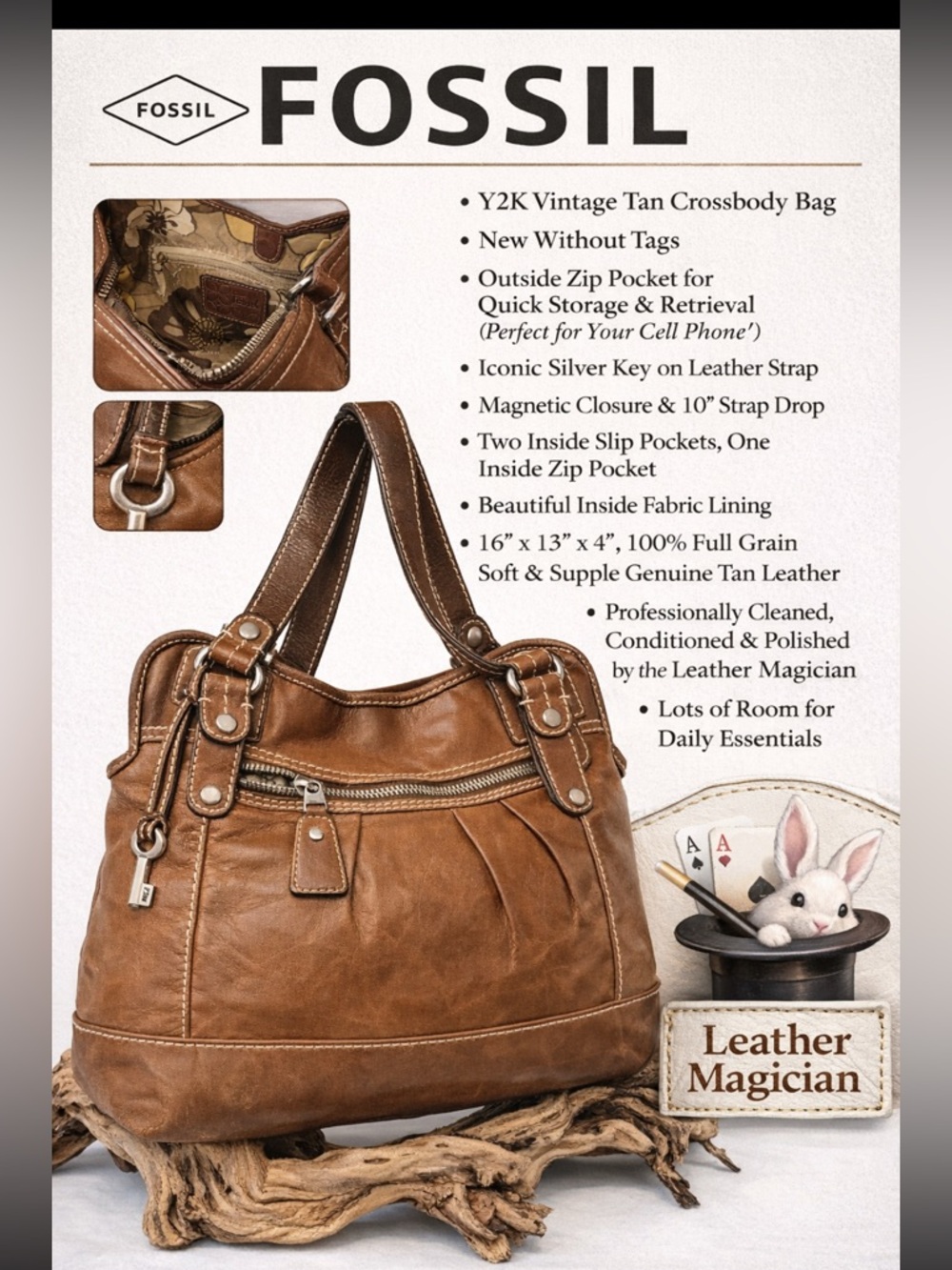 Fossil Large Y2K Tan Leather Crossbody NWOT Full Grain Key Charm Classic Style